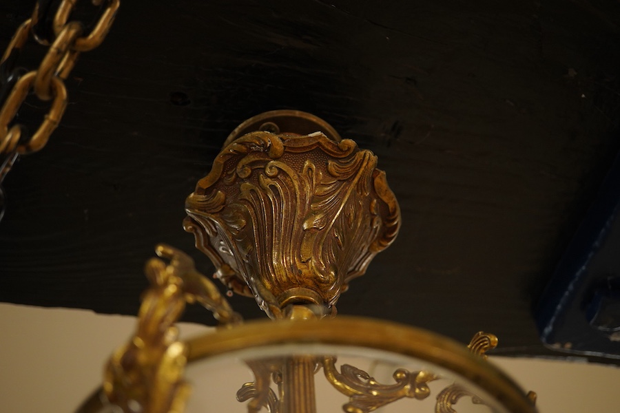 A French gilt brass and engraved glass lantern, 47cm high. Condition - fair/good